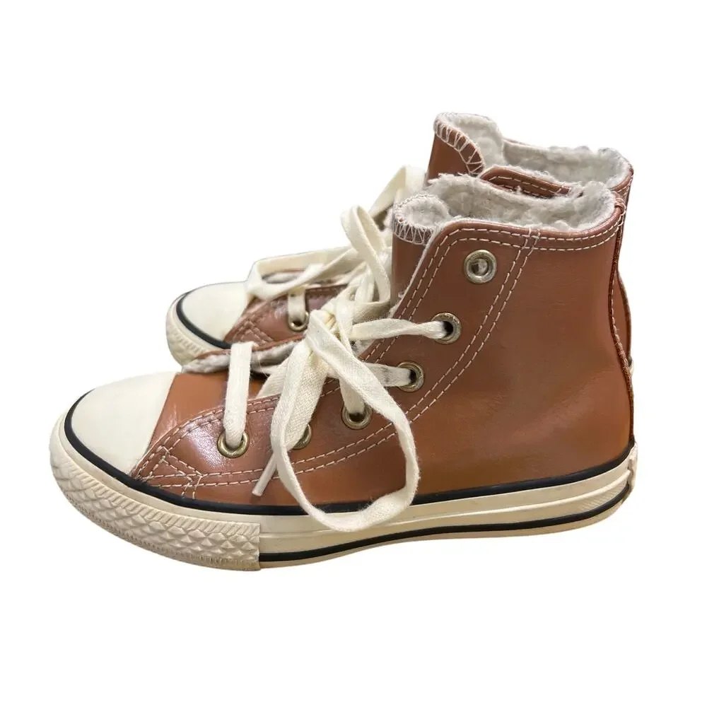 Converse Chuck Taylor All Stars Brown Leather Faux fur Lined Hi tops kids Sz 11